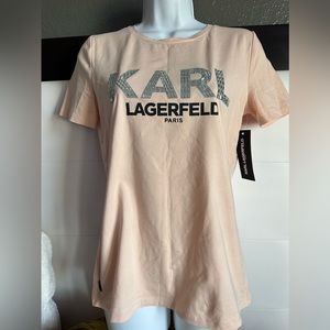 Karl Lagerfeld Embellished bead shiny bling graphic print letters shirt sz XS